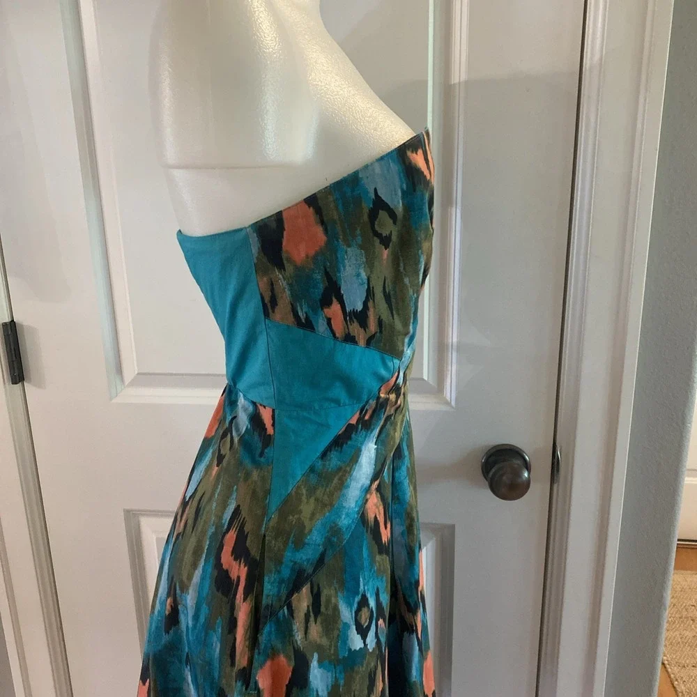 Anthropologie Girls From Savoy Teal‎ Painted Ikat Flared Strapless Dress Size 8